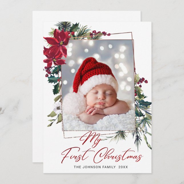 Elegant jul Poinsettia Photo Hälsning Julkort (Fram/baksida)