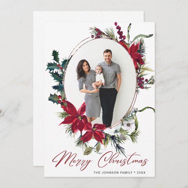 Elegant jul Poinsettia Photo Hälsning Julkort (Fram/baksida)