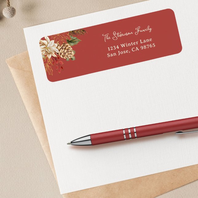 Elegant Jul Poinsettia Returadress Etikett (Skapare uppladdad)