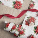 Elegant Jul Poinsettias och Damask Presentpapper<br><div class="desc">Elegant och chic sömlöst helgdag med buketter av röda och vita poinsetter,  holly och gräs på ett subtivt grått- och vitt dammmönster.</div>