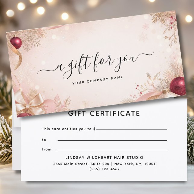 Elegant jul presentkort för företag (Elegant Christmas Blush Pink Red Gold Business Gift Certificate)