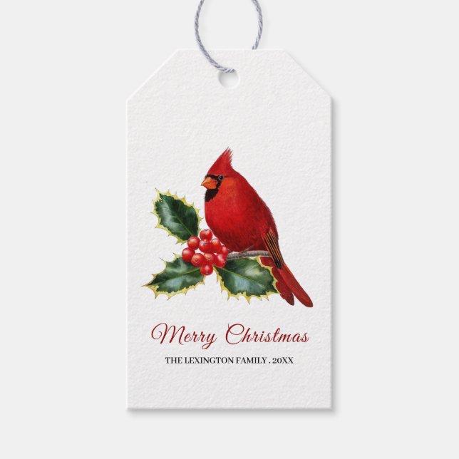 Elegant: Jul Red Cardinal Bird Holly Presentetikett (Framsidan)