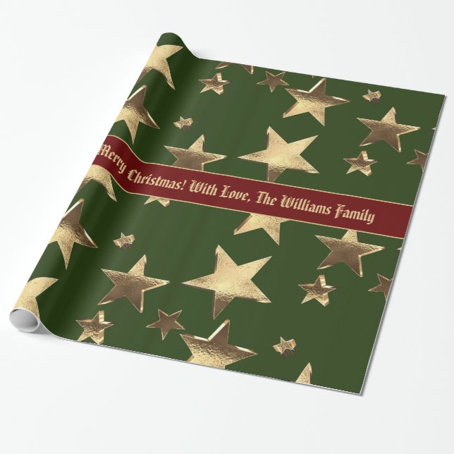 Elegant Jul Red Grönt och Guld Stars Mönster Presentpapper (Utrullad)