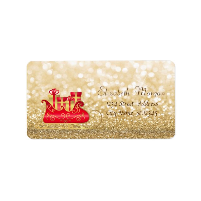 Elegant Jul Sleigh,Glittery Bokeh-etikett Adressetikett (Framsidan)