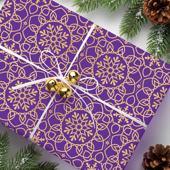 Elegant Jul Snowflake Faux Guld Lila Presentpapper (Skapare uppladdad)