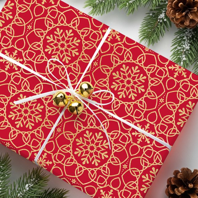 Elegant jul Snowflake Faux Guld Red Presentpapper (Skapare uppladdad)