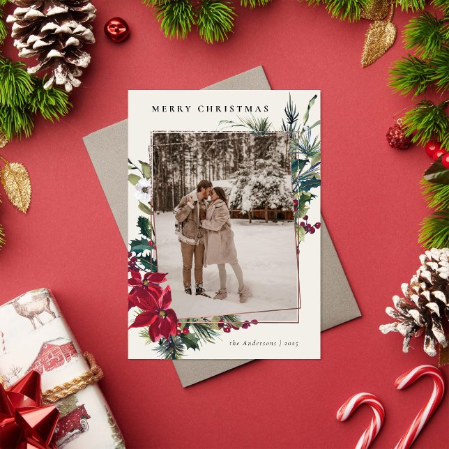 Elegant Jul Vattenfärg Botanisk Blommigt Julkort (Skapare uppladdad)