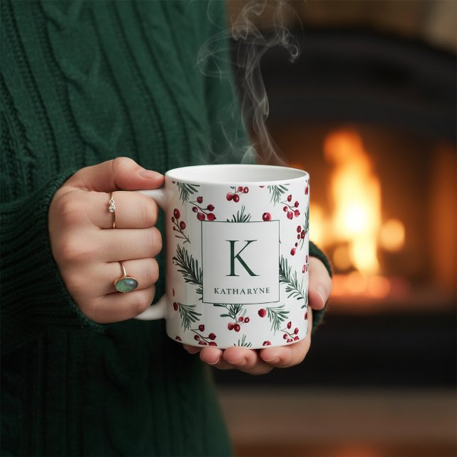 Elegant Jul Vattenfärg Botaniskt Monogram Kaffemugg (Elegant Christmas Watercolor Botanical Monogram Coffee Mug)
