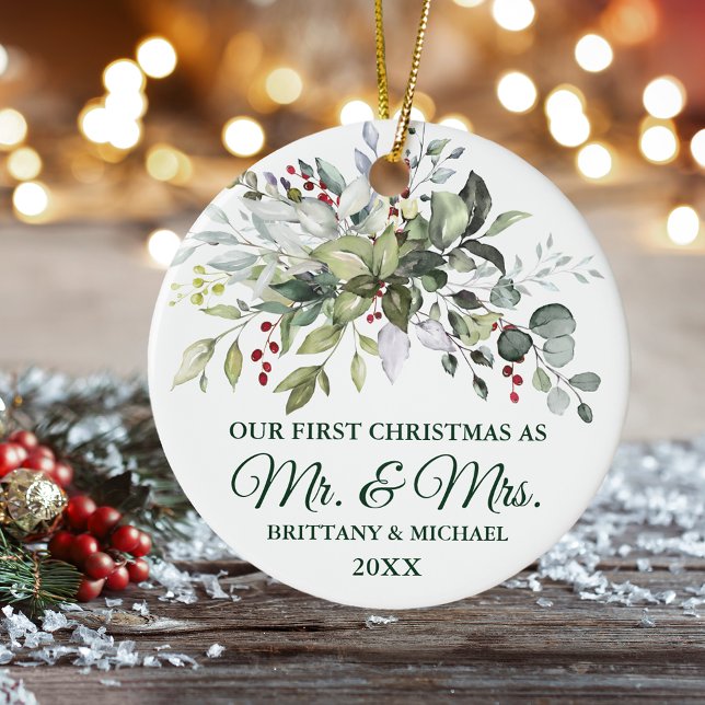 Elegant: Jul - vattenfärg Greenery Berries Julgransprydnad Keramik (Personalized Mr. & Mrs. Christmas Ornament)