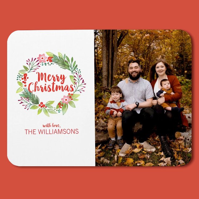 Elegant Jul Vattenfärg Utandning Foto Helgdag Magnet (a pretty Christmas watercolor wreath photo magnet)