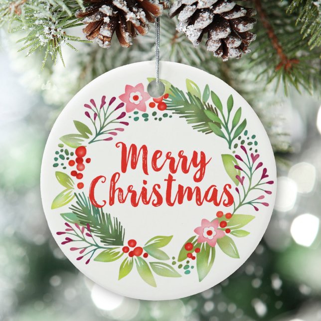 Elegant Jul Vattenfärg Utandning Foto Julgransprydnad Keramik (A pretty Watercolor Christmas wrath ornament, add your photo to the back.)