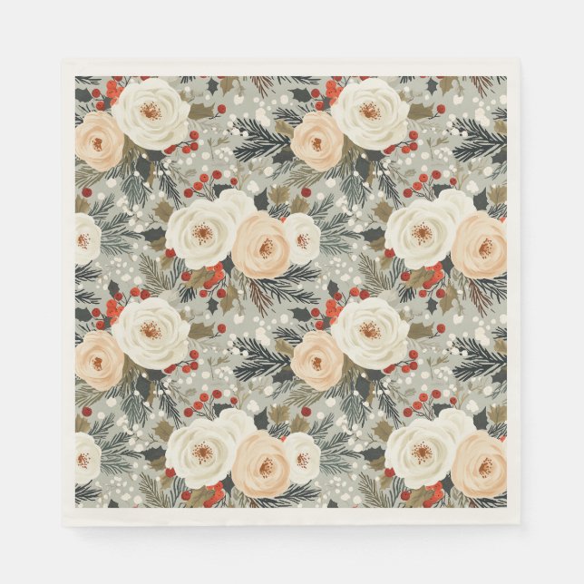 Elegant jul Vit ros & Red Winter Berry Pappersservett (Framsidan)