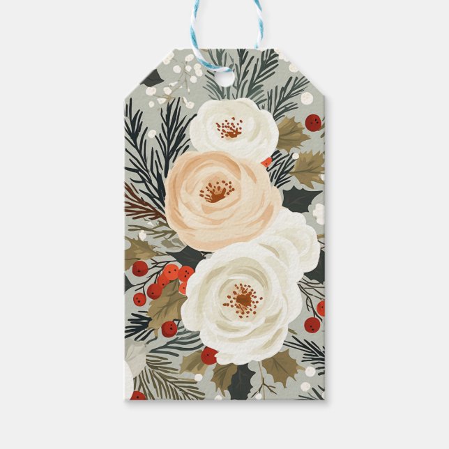 Elegant jul Vit ros & Red Winter Berry Presentetikett (Framsidan)