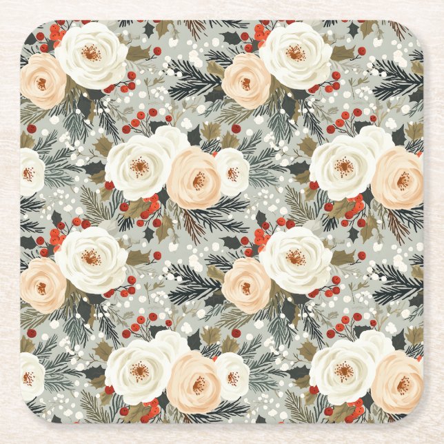 Elegant jul Vit ros & Red Winter Berry Underlägg Papper Kvadrat (Framsidan)