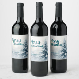 Elegant jul Xmas vinter tall skog Hol Vinflaska Etikett