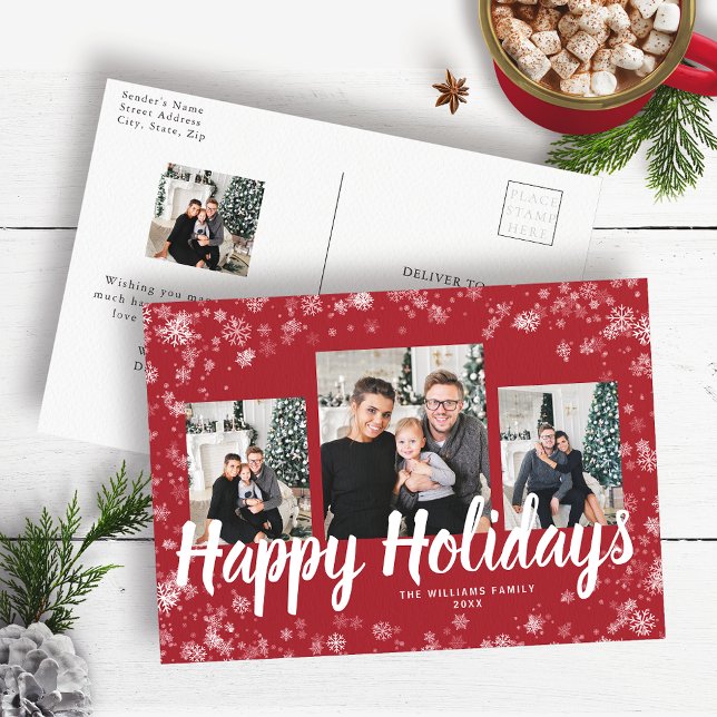 Elegant julbild postkort vykort (Elegant Red Holiday Photo Collage Postcard)