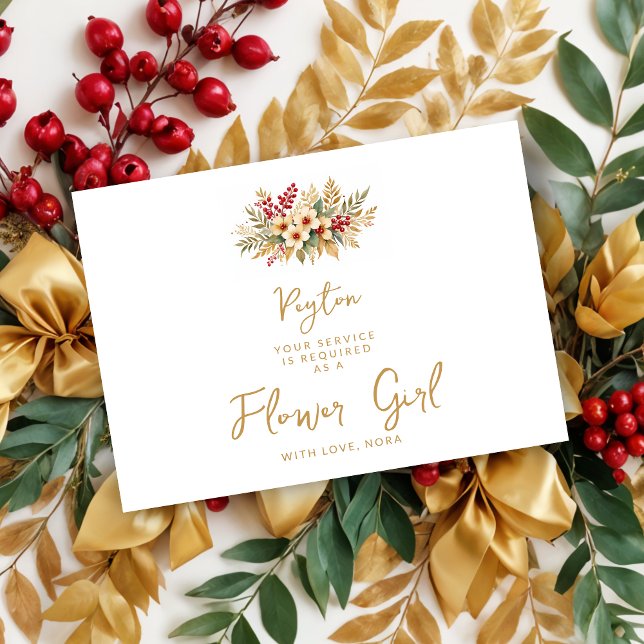 Elegant julblomma i guld för blomsterflicka (Delicate Glam Christmas Floral Bouquet in Faux Gold Flower Girl Wedding Proposals Cards. )