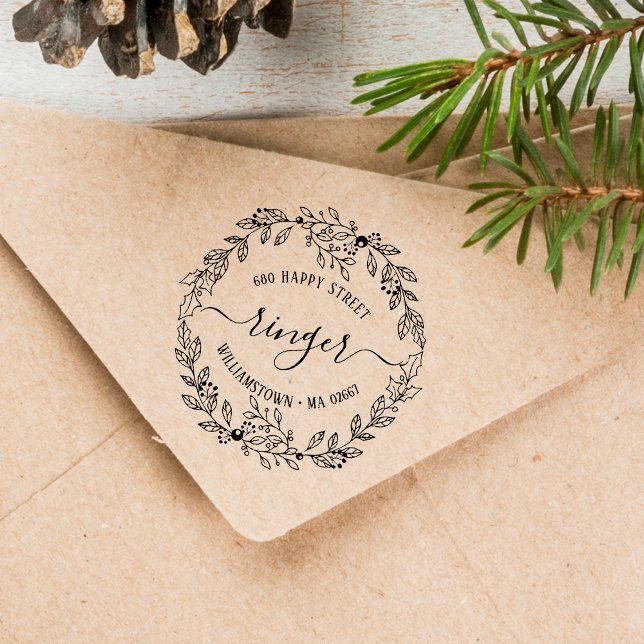 Elegant julblomsterkrans adress stämpel (Elegant Christmas Floral Wreath Address Rubber Stamp)
