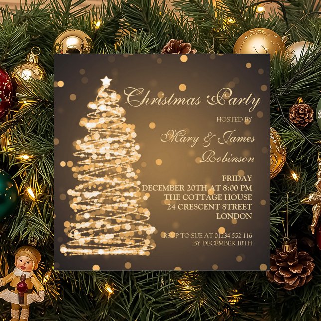 Elegant Julbokeh Träd Julfest Guld Inbjudningar (Elegant Christmas Bokeh Tree Holiday Party Gold Invitation)