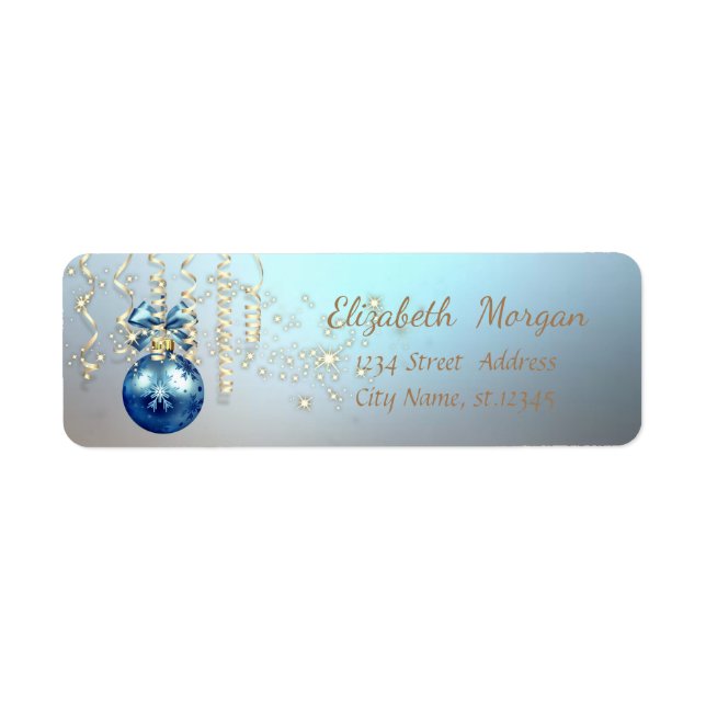 Elegant julboll, glans, blå returadress etikett (Framsidan)