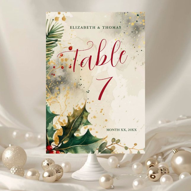 Elegant julbröllop Holly & Ivy Guld Accents Bordsnummer (Elegant Holiday Wedding Holly & Ivy Gold Accents Table Number)