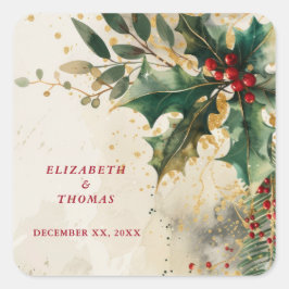Elegant julbröllop Holly & Ivy Guldaccents Fyrkantigt Klistermärke