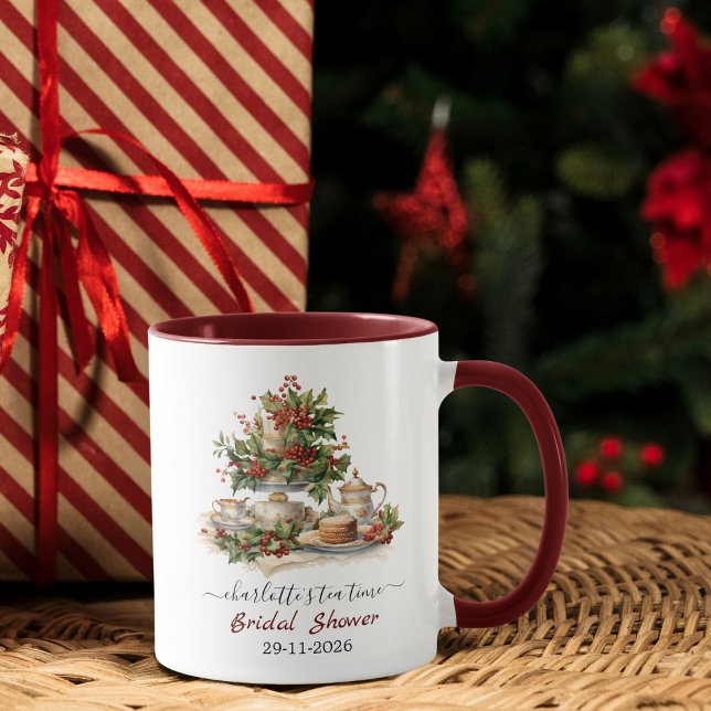 Elegant julbröllopsdusch téftidsoffest mugg (christmas bridal shower mug, tea party mug, holiday bridal shower favor, festive tea cup, holly  )
