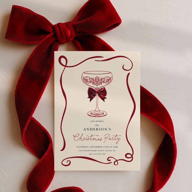 Elegant julcocktailfestinladning inbjudningar (Red bow Christmas Party Invitation)