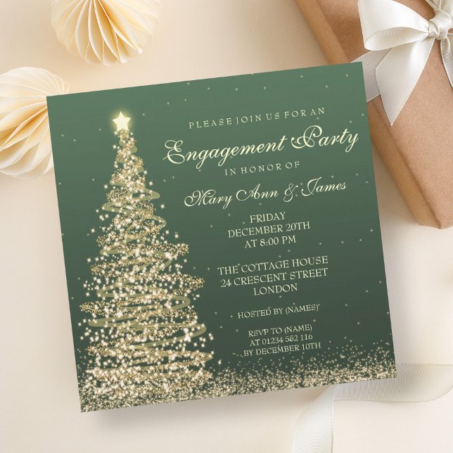 Elegant Juldagen Förlovningsfest Grönt Guld Inbjudningar (Elegant Christmas Engagement Party Green Gold Invitation)