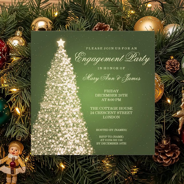 Elegant Juldagen Förlovningsfest Guld Grönt Inbjudningar (Elegant Christmas Engagement Party Gold Green Invitation)
