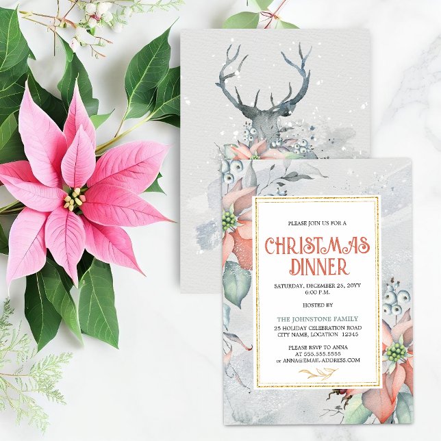 Elegant juldagsmiddag med julstjärna inbjudningar (Elegant poinsettia Christmas holiday dinner party invitation front and back view.)