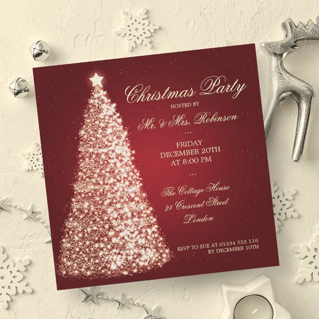 Elegant: Julen Party Guld Träd Red Inbjudningar (Elegant Christmas Party Gold Tree Red Invitation)
