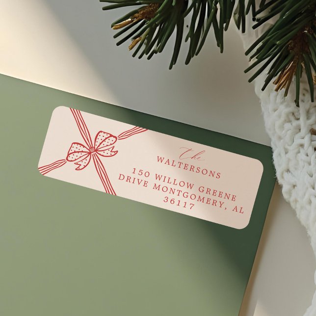 Elegant julfack och menyfliksområde returadress etikett (Elegant Christmas Bow & Ribbon Present Label)