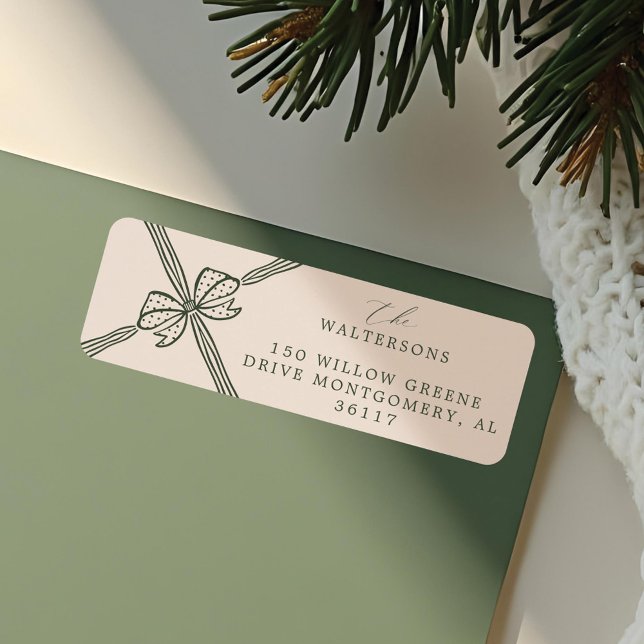 Elegant julfack och menyfliksområde returadress etikett (Elegant Christmas Bow & Ribbon Present Label)