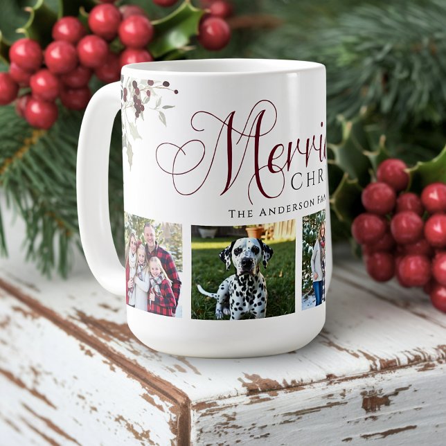 Elegant julfamilj foto jul kaffemugg (Elegant Holly Family Photo Christmas Coffee Mug)