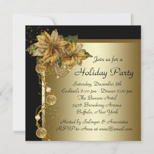Elegant julfest med guld Poinsettia Svart Guld Jul Inbjudningar