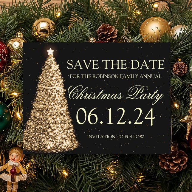 Elegant julfest Spara datum Guld Svart Meddelande Vykort (Elegant Christmas Party Save The Date Gold Black Announcement Postcard)