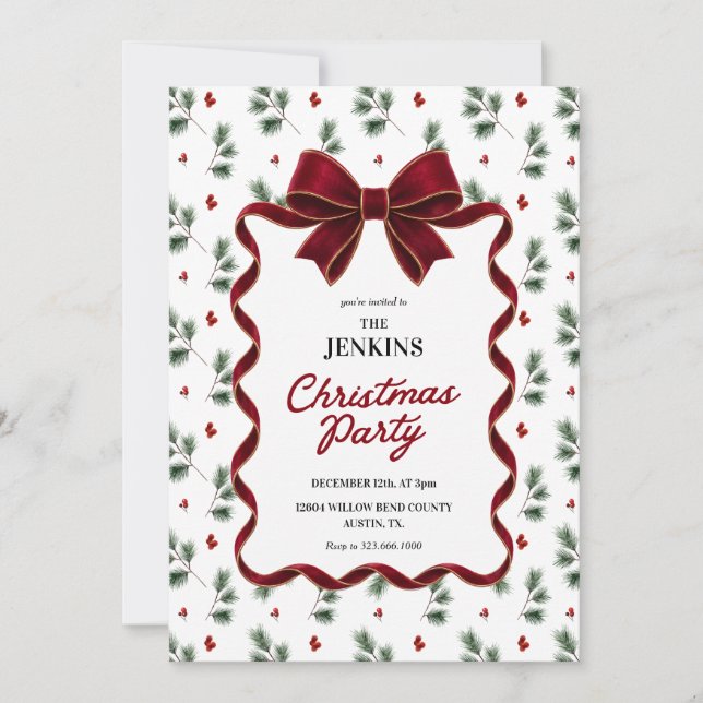 Elegant julfestinladning med röd bård inbjudningar (Framsida)
