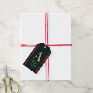 Elegant julfestlig inbjudan med tartanrutigt mönst presentetikett