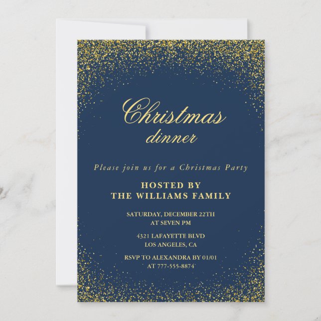 Elegant julfestmiddag guld navy glamour inbjudningar (Framsida)