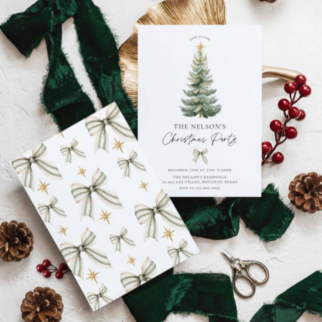 Elegant julfirande inbjudan (Classic Christmas Holiday Party Invitation - featuring Christmas tree and green bows)