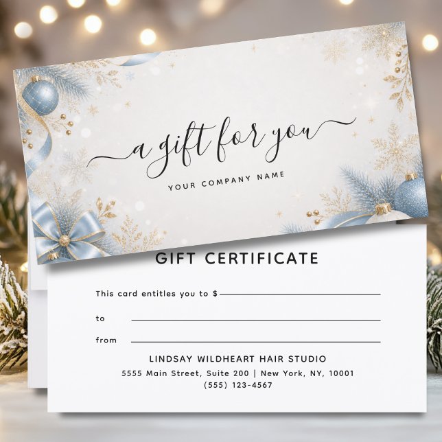 Elegant julfirmanhetspresentcertifikat (Elegant Christmas Business Beige Blue Gold Gift Certificate)