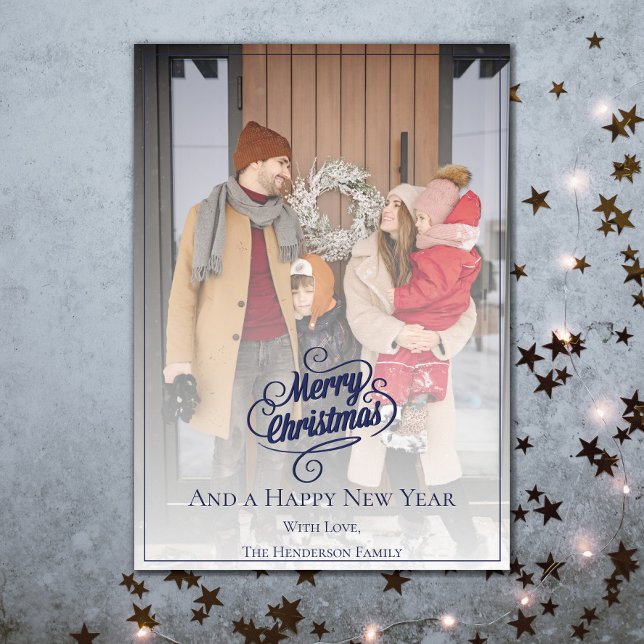 Elegant Julfoto | Blå Julkort (Blue Elegant Christmas Photo Holiday Card)