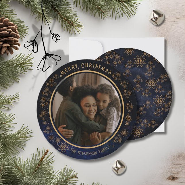 Elegant Julfoto - blå stjärnor Julkort (Elegant Christmas Photo Navy Blue Stars Holiday Card)