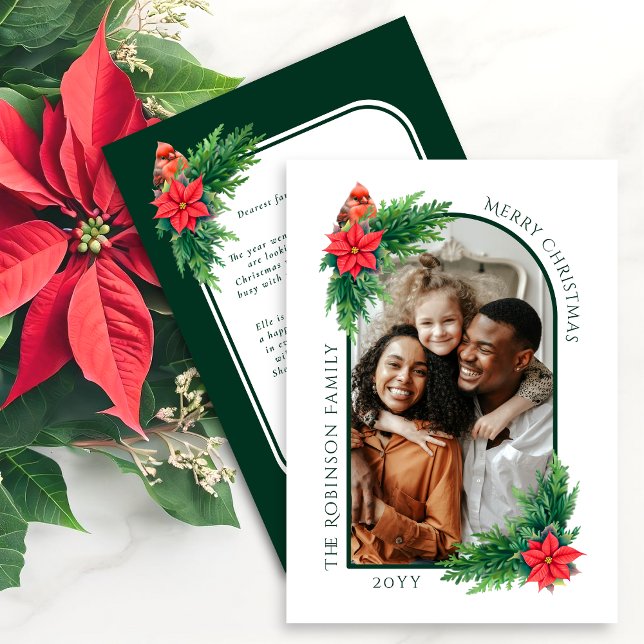 Elegant Julfotoport med meddelande på baksidan (Elegant Christmas holiday photo card front and back view, with red cardinal and poinsettia.)