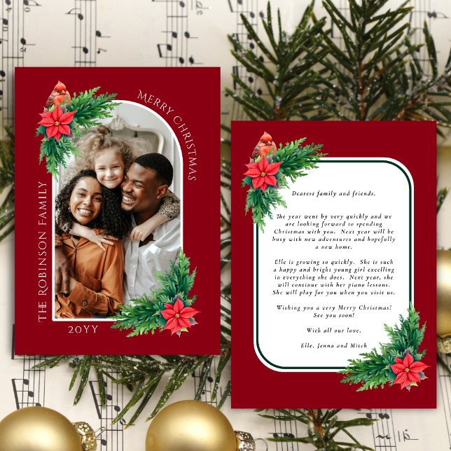 Elegant Julfotoport med meddelande på baksidan (Cheerful Arch, Cardinal and Holiday Greenery holiday photo card with message on back)