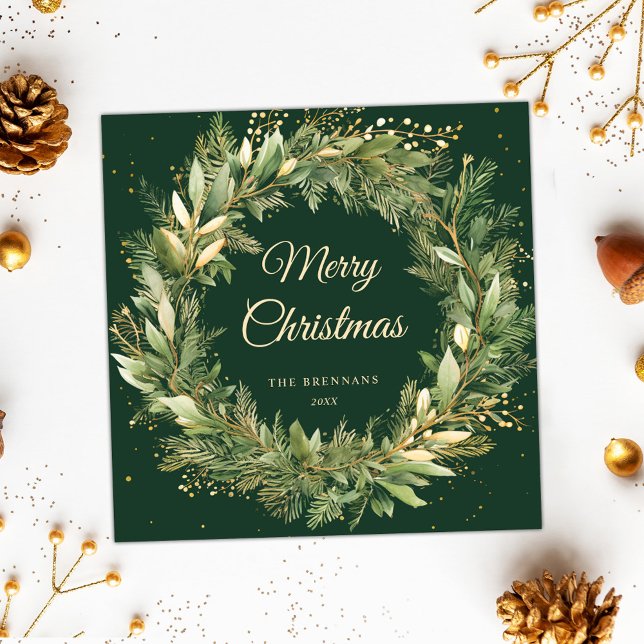 Elegant Julfrö Grönt Botaniska Grey Julkort (Elegant Christmas Wreath Green Botanical Greenery Holiday Card)