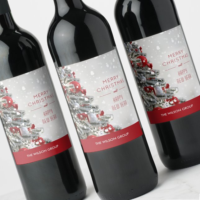 Elegant julgran företagspresent vinflaska etikett (Elegant red and white Christmas tree on business gift wine bottle labels)