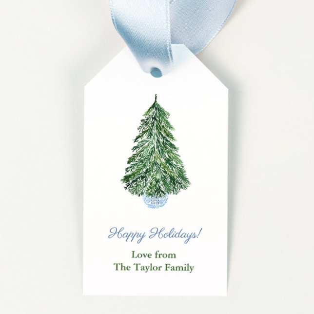 Elegant Julgran Ginger Burk God jul Presentetikett (Minimalist christmas tree in chinoiserie planter happy holidays gift tags)