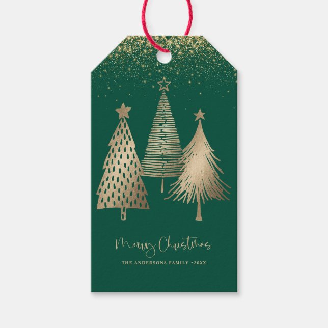 Elegant julgran glitter snö guld presentetikett (Framsidan)